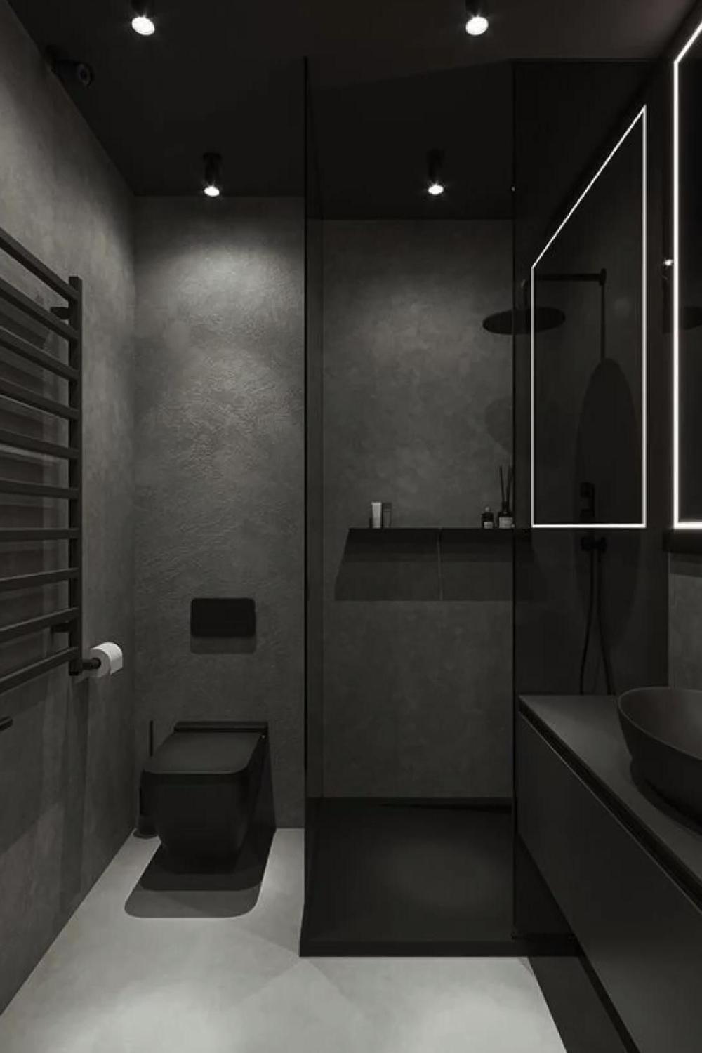 Baño oscuro de diseño minimalista y detalles elegantes