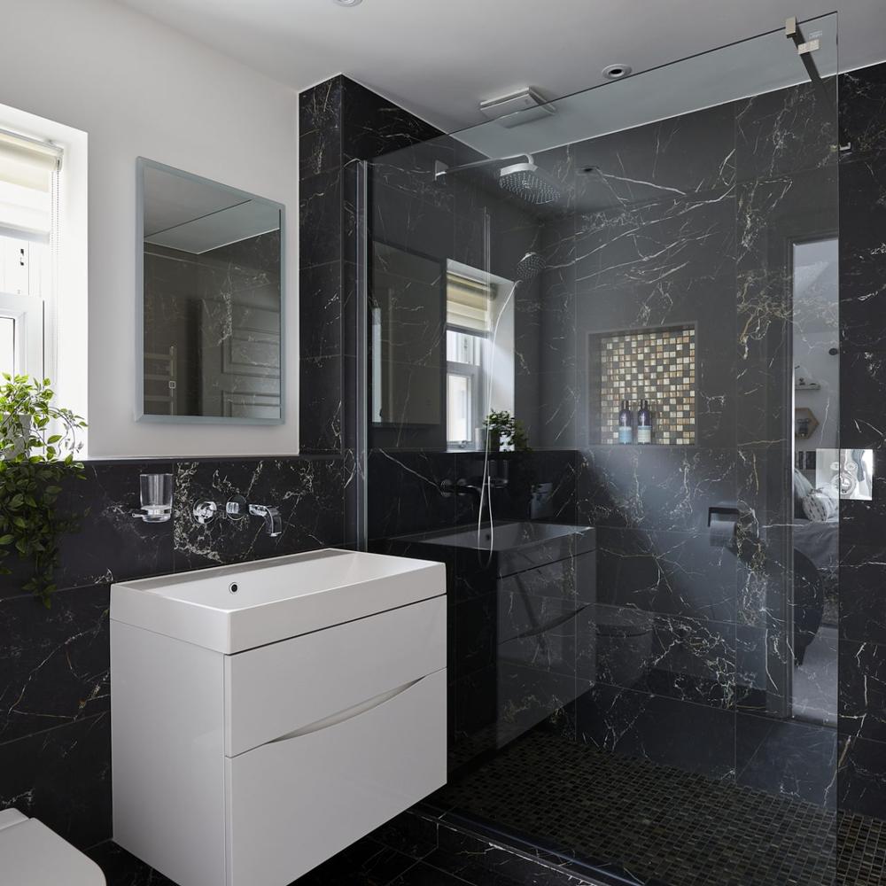 Stylish dark marble interior showcasing elegance and sophistication.