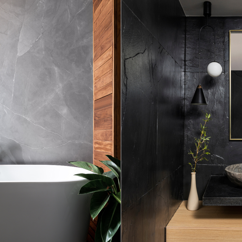 Modern two-tone colored bathroom featuring unique accents and dark aesthetics.