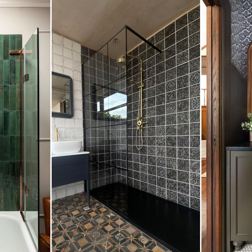 Stylish dark bathroom with a harmonious blend of patterns and tones.