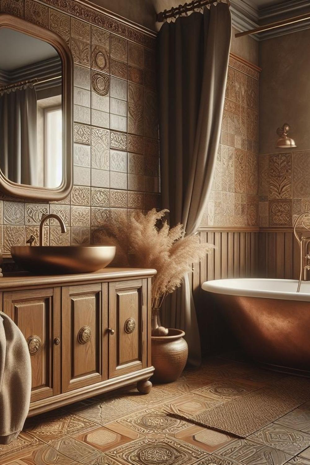 Warmly designed bathroom with dark brown tones and cozy elements.