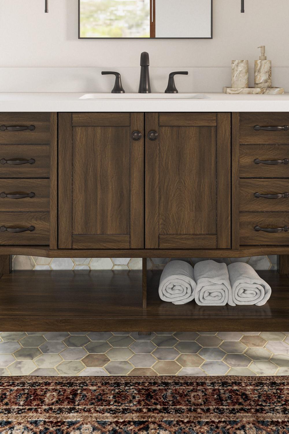 Mueble de baño moderno oscuro con encimera blanca y grifería negra