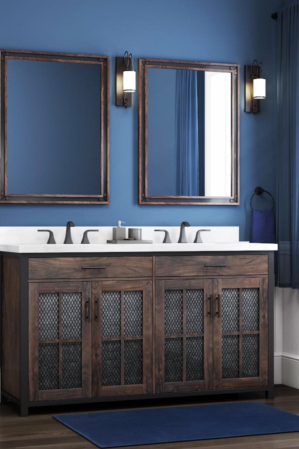 Doble mueble de baño oscuro con una elegante distribución