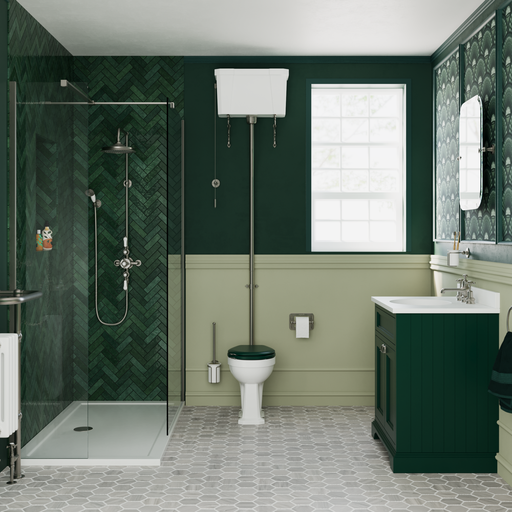 Serene dark green bathroom featuring modern mosaic design and elegant fixtures
