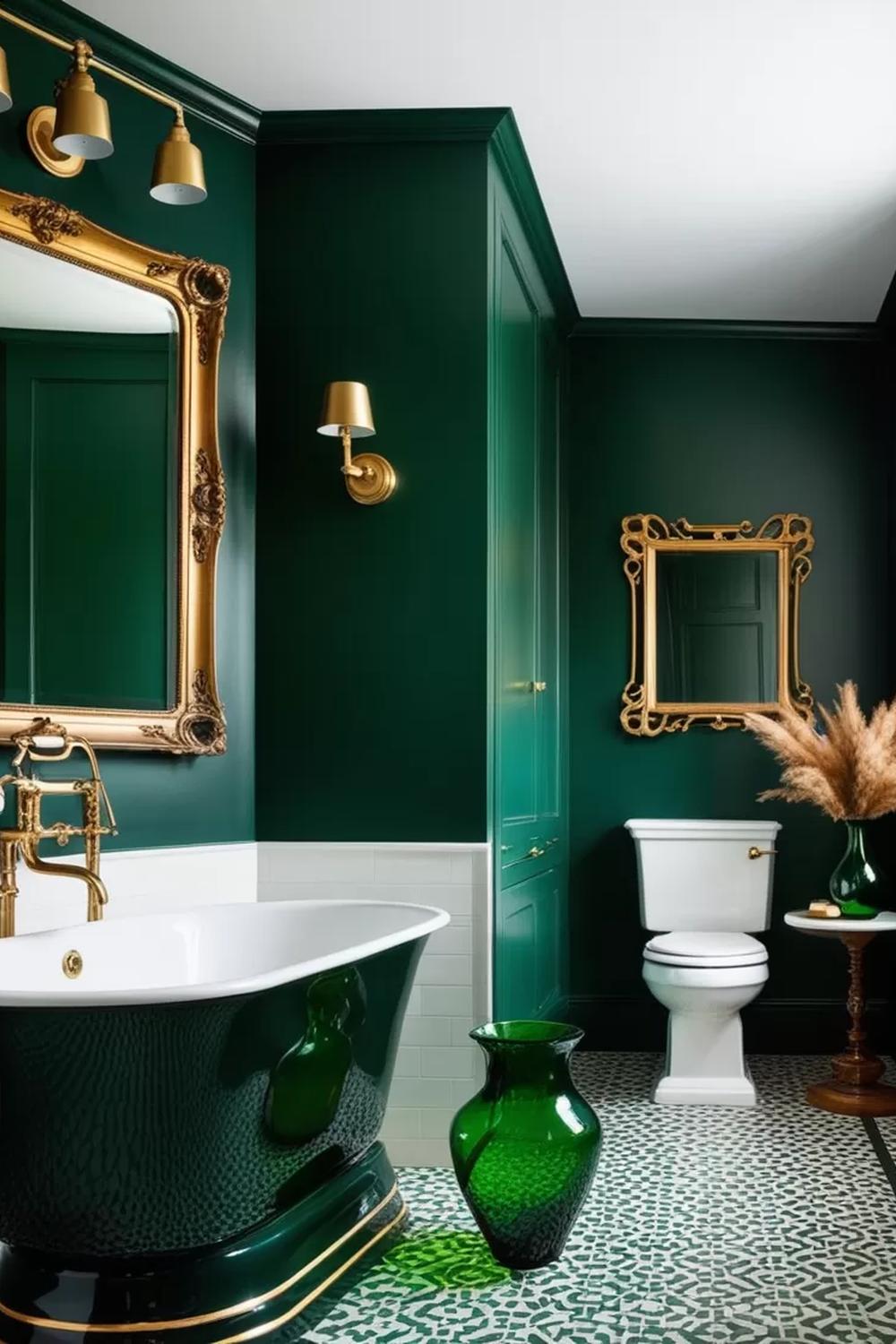 Luxurious dark green bathroom showcasing opulent elements and elegant fixtures