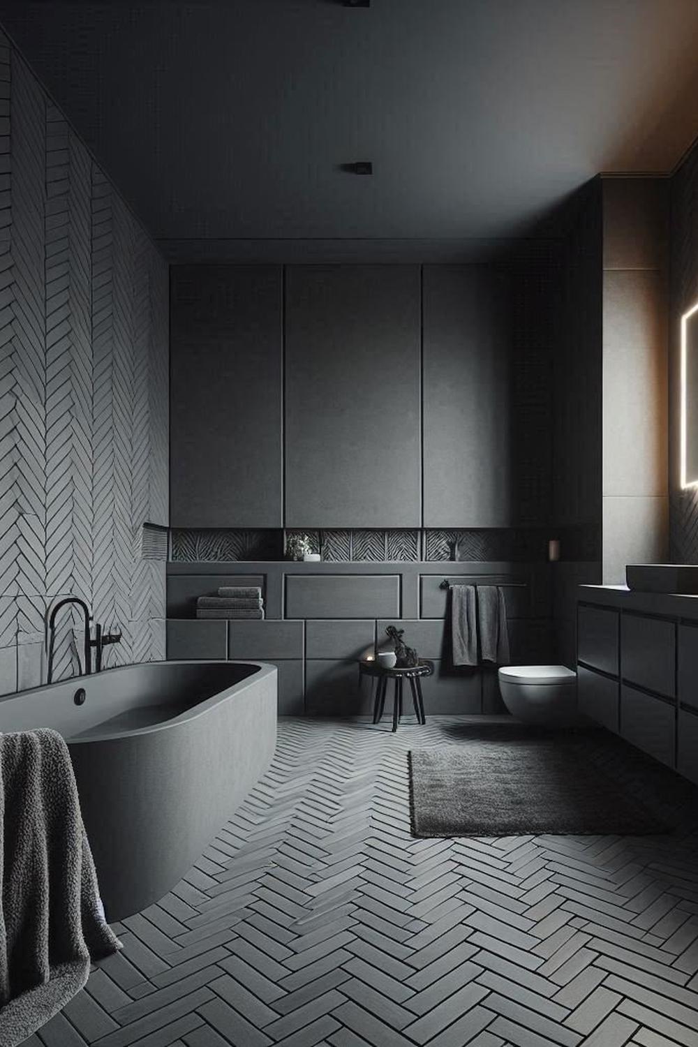 Sleek dark grey bathroom featuring herringbone-patterned tiles and freestanding bathtub