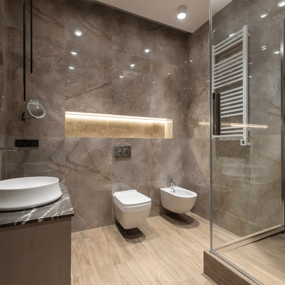 Contemporary bathroom with a dark grey palette and modern accents