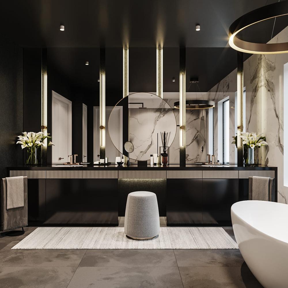 Baño oscuro con muebles elegantes y modernas luminarias