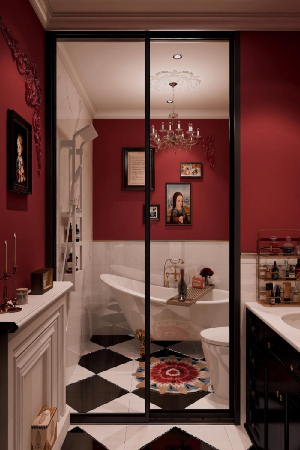 A luxurious dark red bathroom featuring a freestanding white bathtub and ornate decor.