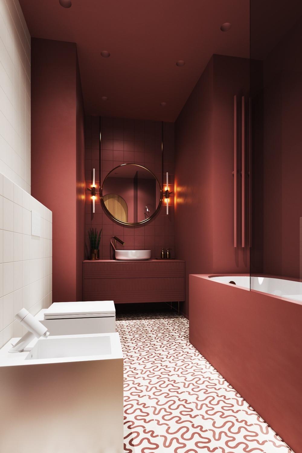 A striking contemporary bathroom with dark red walls and modern fixtures.