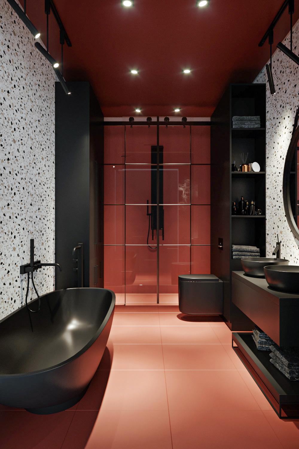 A contemporary bathroom featuring textured walls and luxurious finishes.