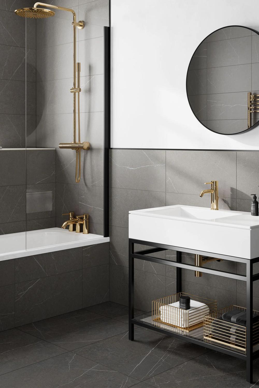 Baño minimalista con acentos oscuros