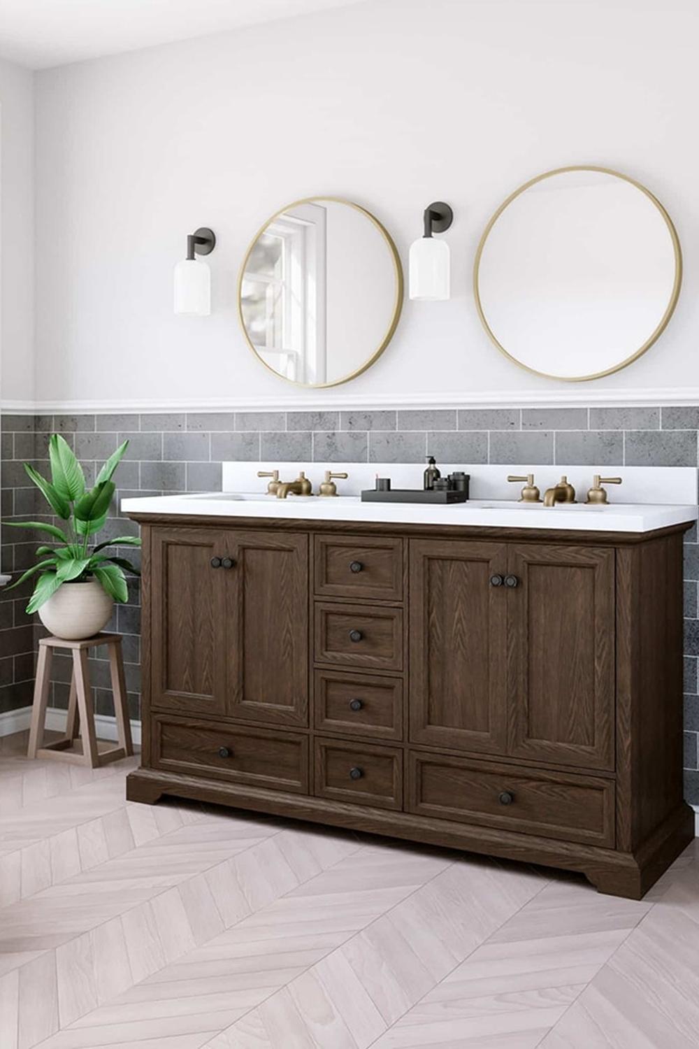 Stylish dark wood bathroom vanity with modern accents featuring a white countertop and gold fixtures
