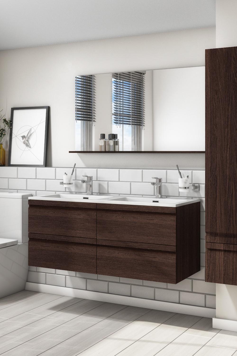 Minimalist wall-mounted dark wood bathroom vanity with elegant features