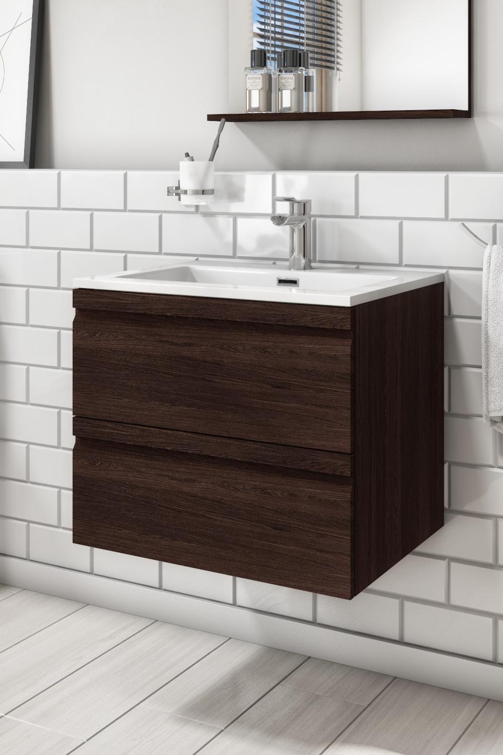 Elegant floating dark wood bathroom vanity with a clean look