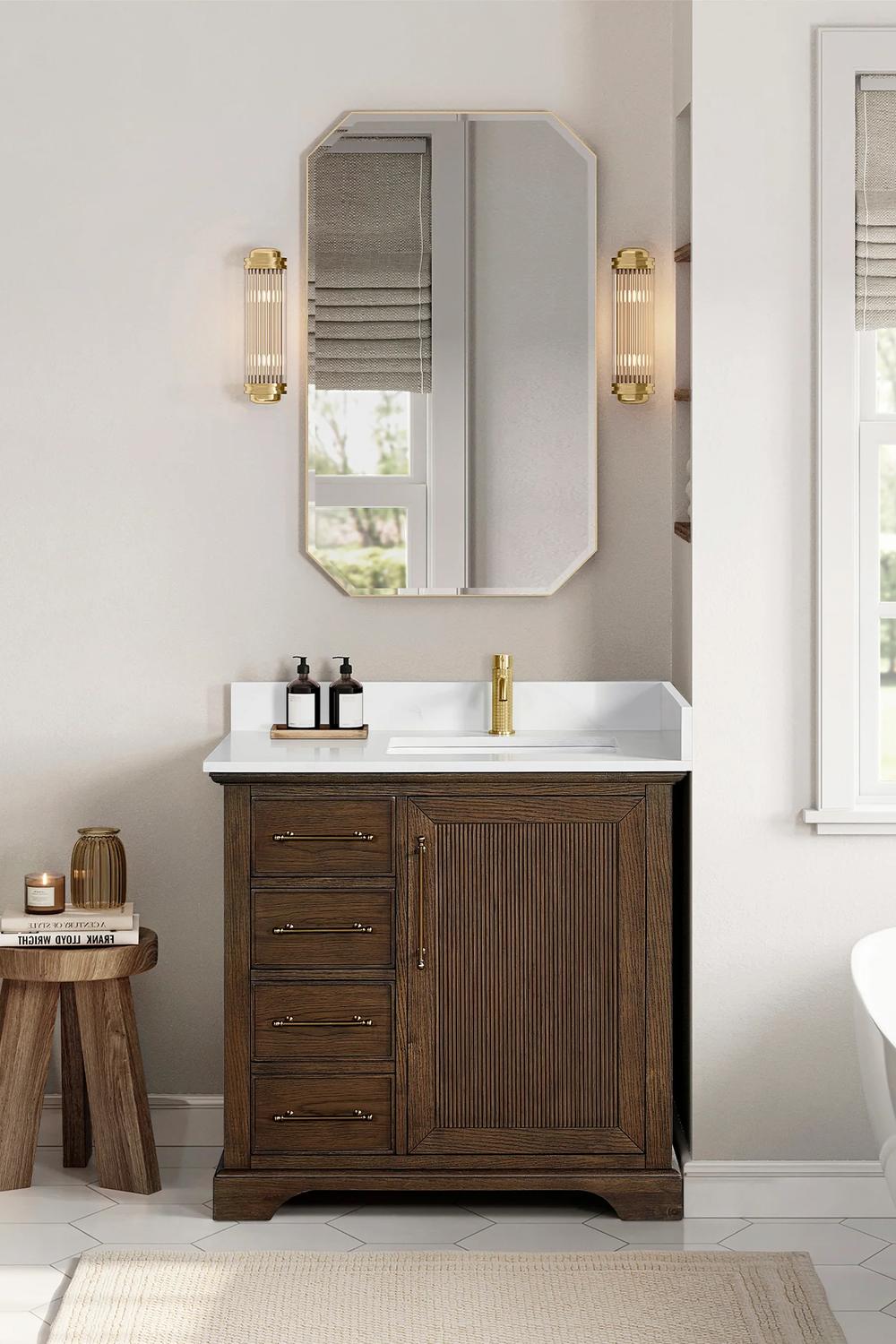 Textured dark wood bathroom vanity in unique shape