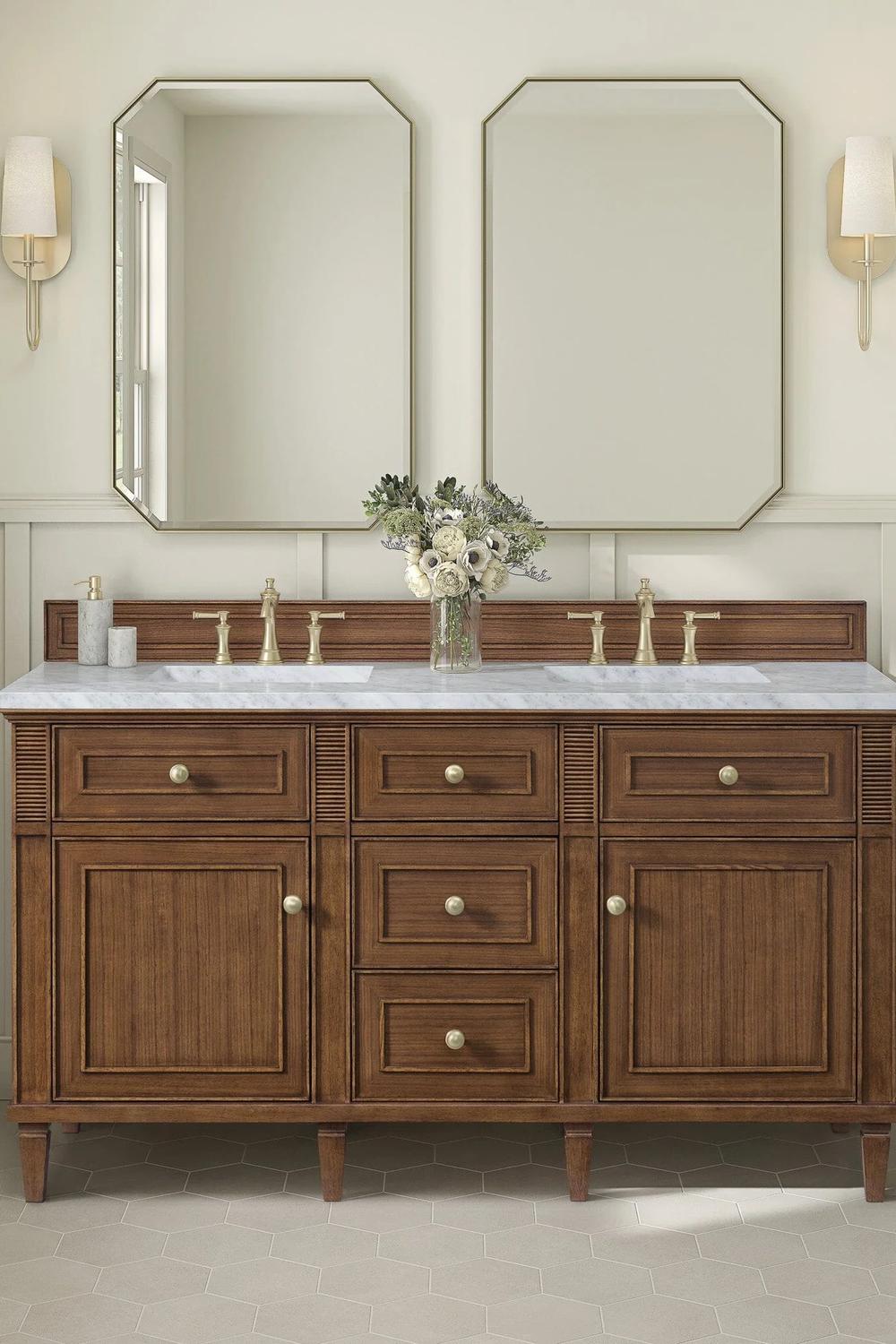 Elegant symmetry in dark wood bathroom vanity design