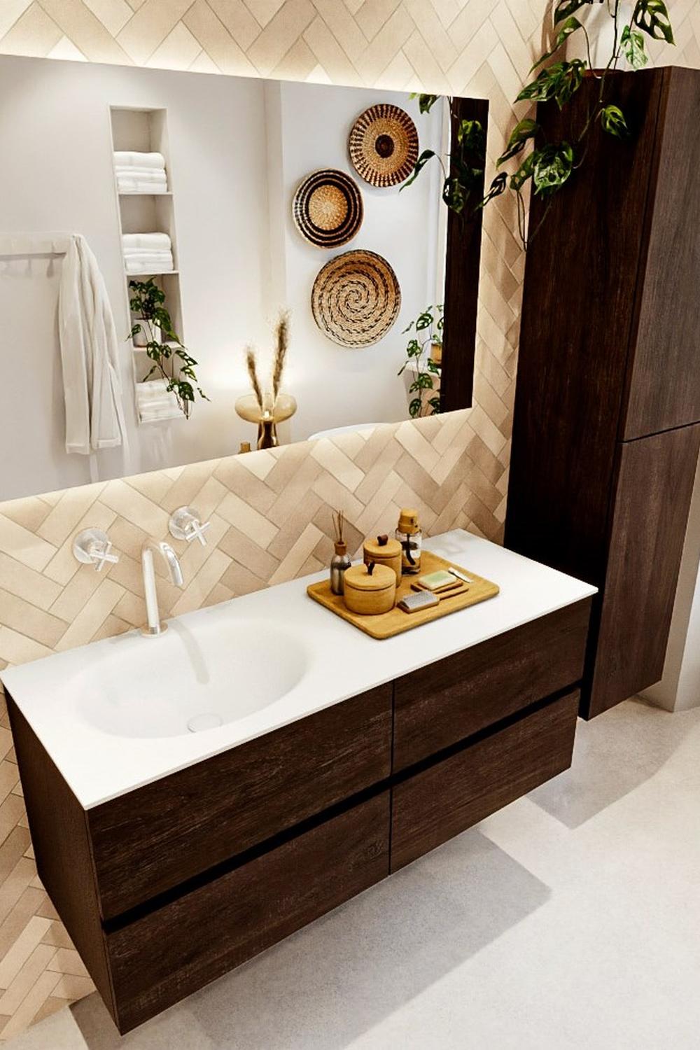 Innovative storage in dark wood bathroom vanity design