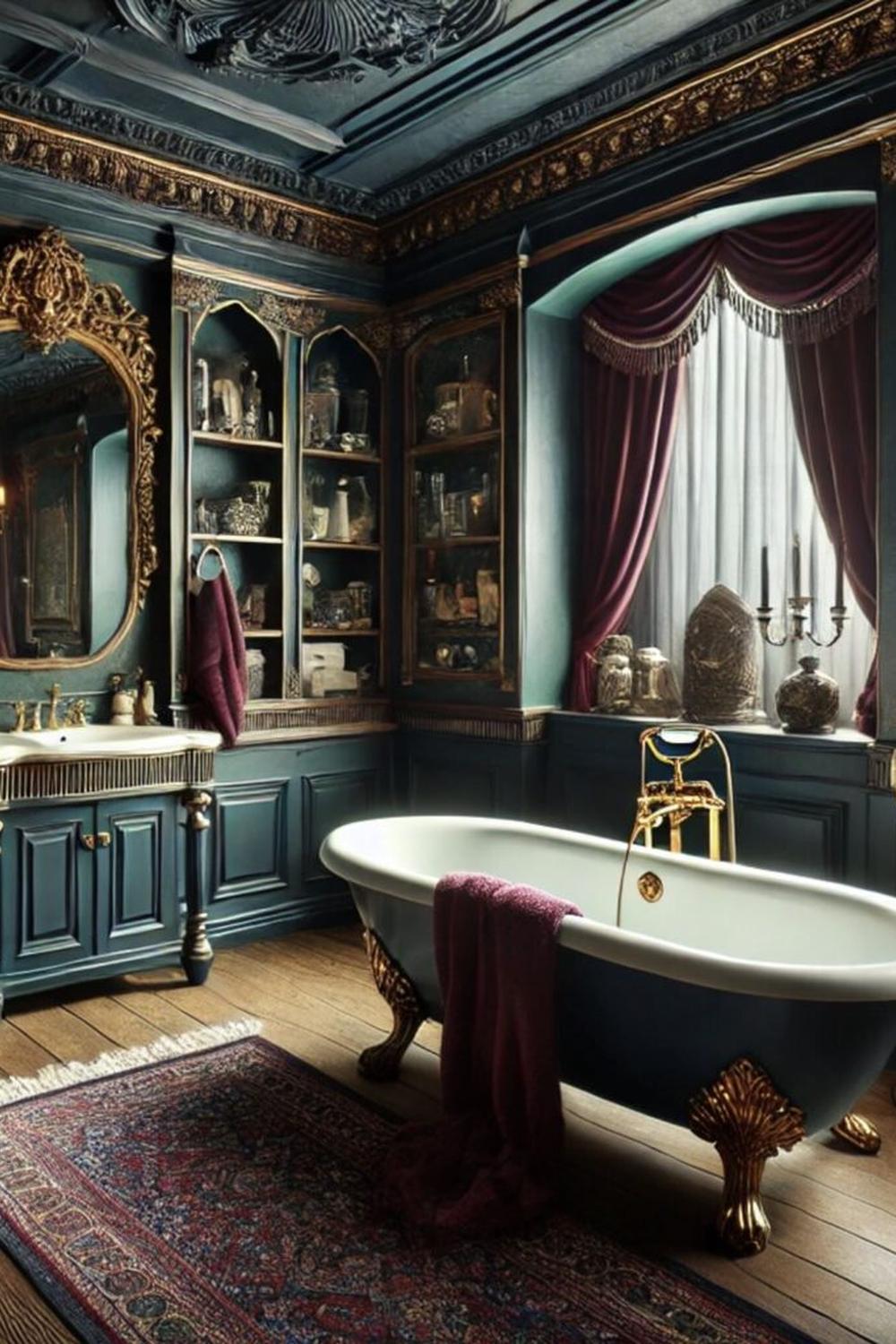 Elegant vintage deep teal bathroom featuring a freestanding tub and ornate mirror details.