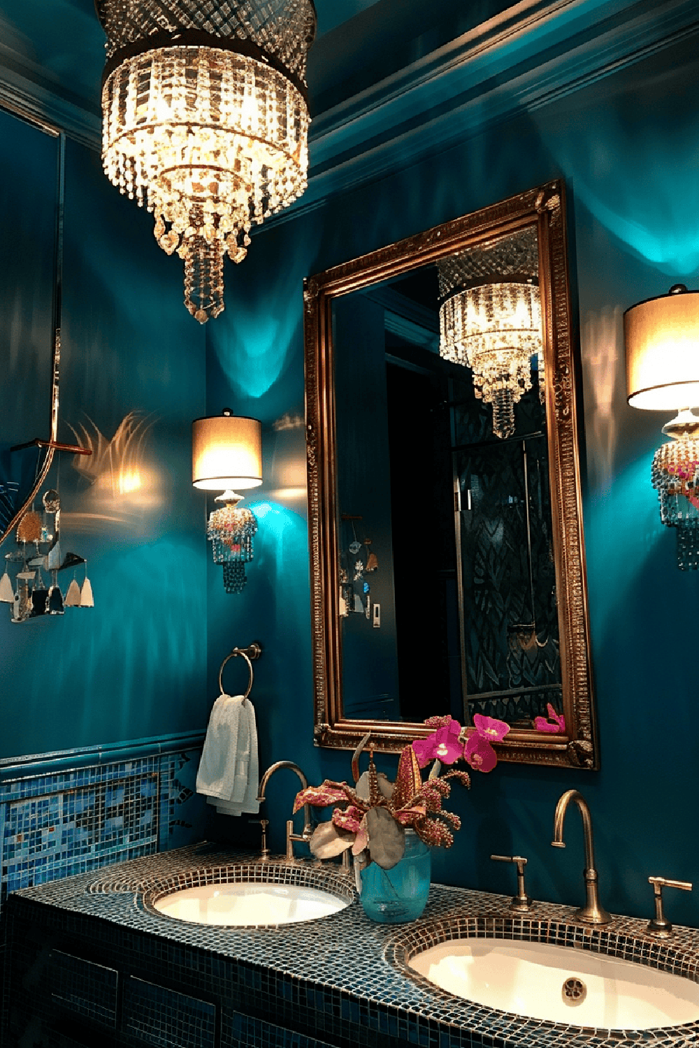 Luxurious bathroom featuring a crystal chandelier and ornate mirror.