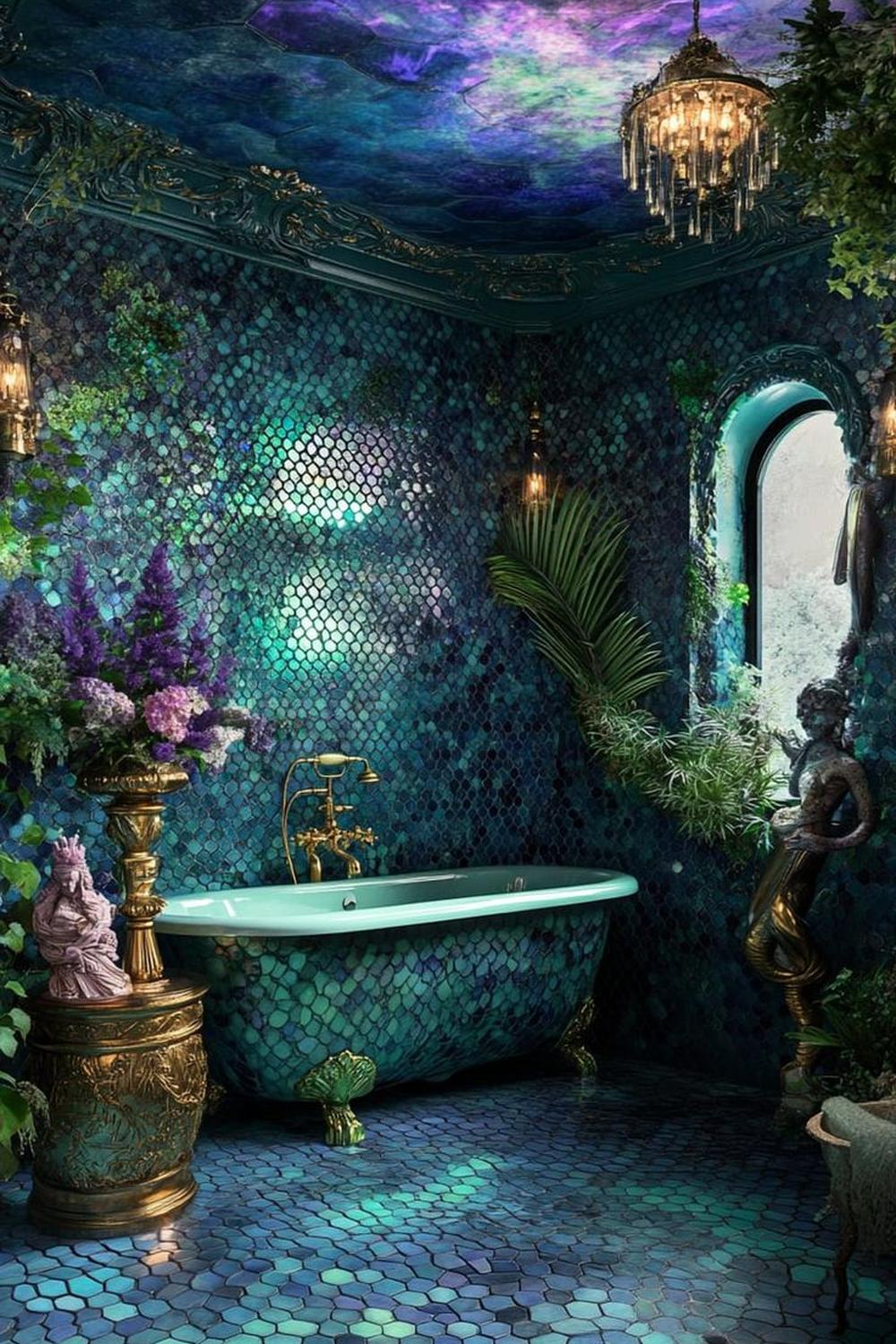 Luxurious textured mosaic bathroom showcasing deep teal aesthetics.