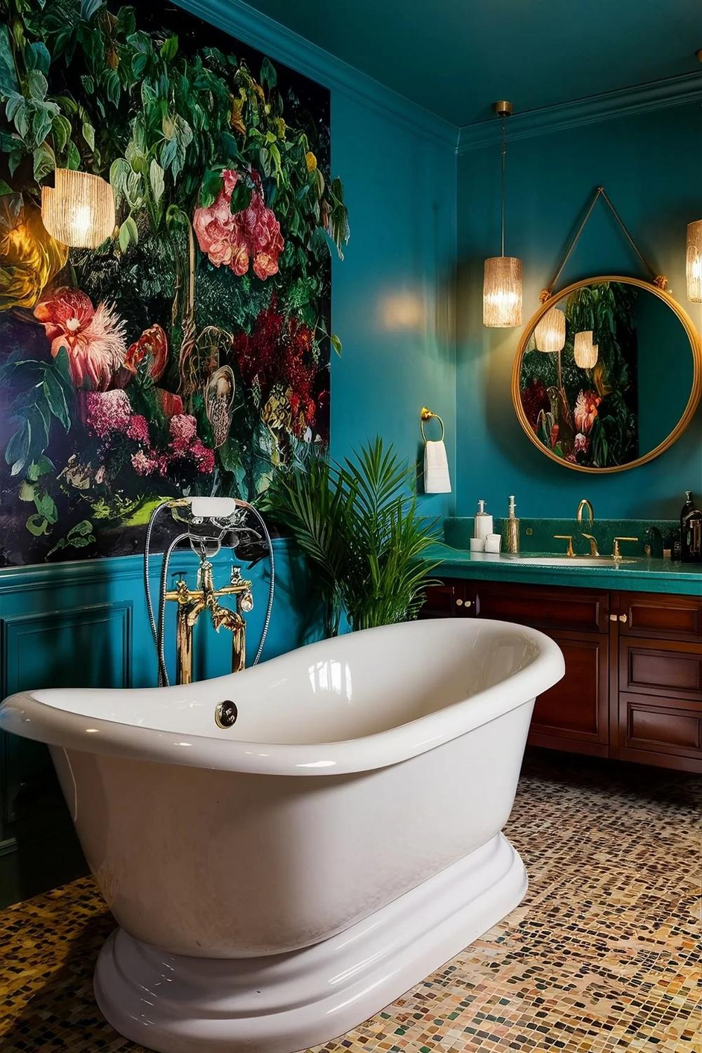 Vibrant deep teal bathroom adorned with playful design elements.