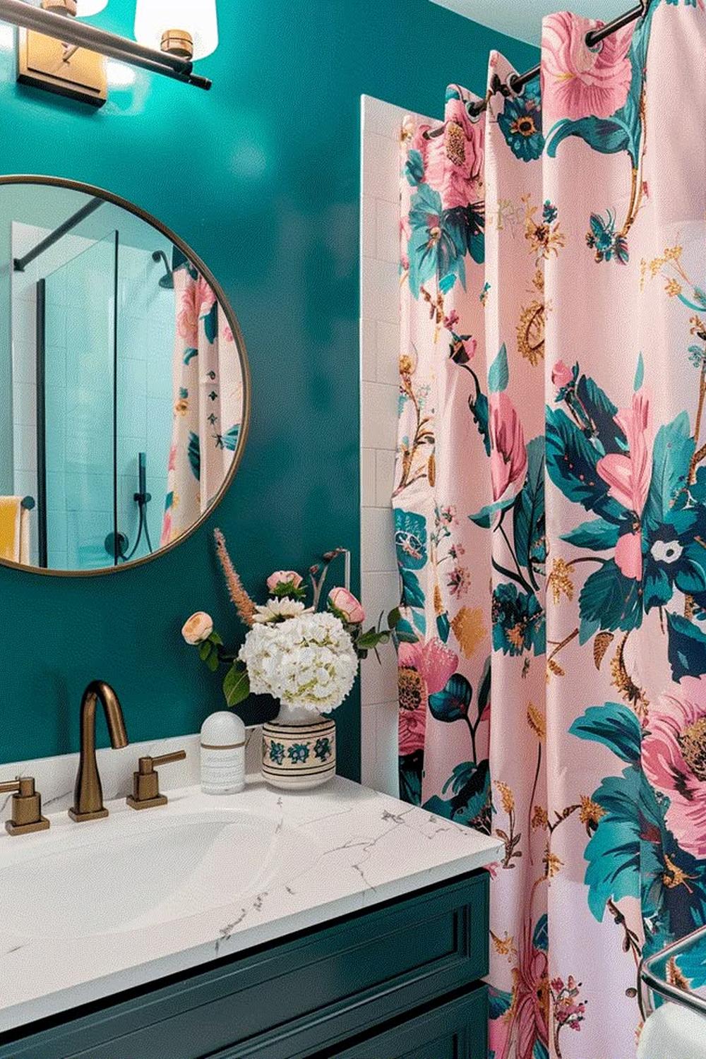 Maximalist bathroom featuring textured decor and walls in deep teal.