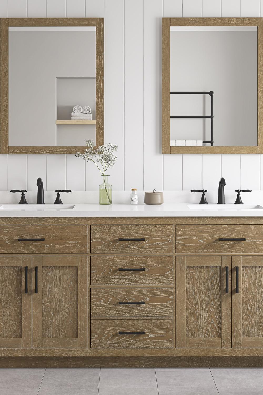 Mueble de baño de doble lavabo con estructura de madera clara
