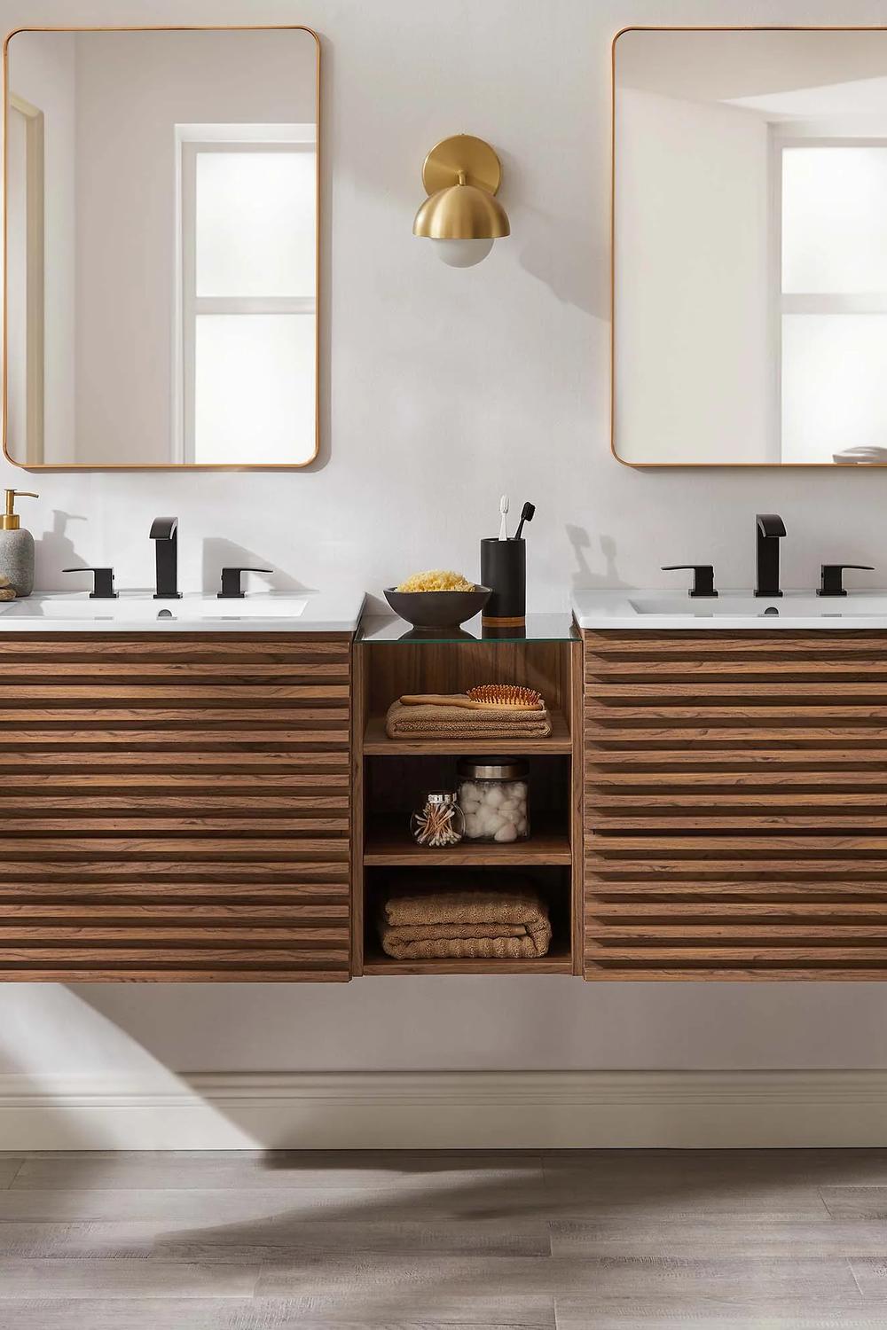 Mueble de lavabo doble moderno con estructura de madera oscura