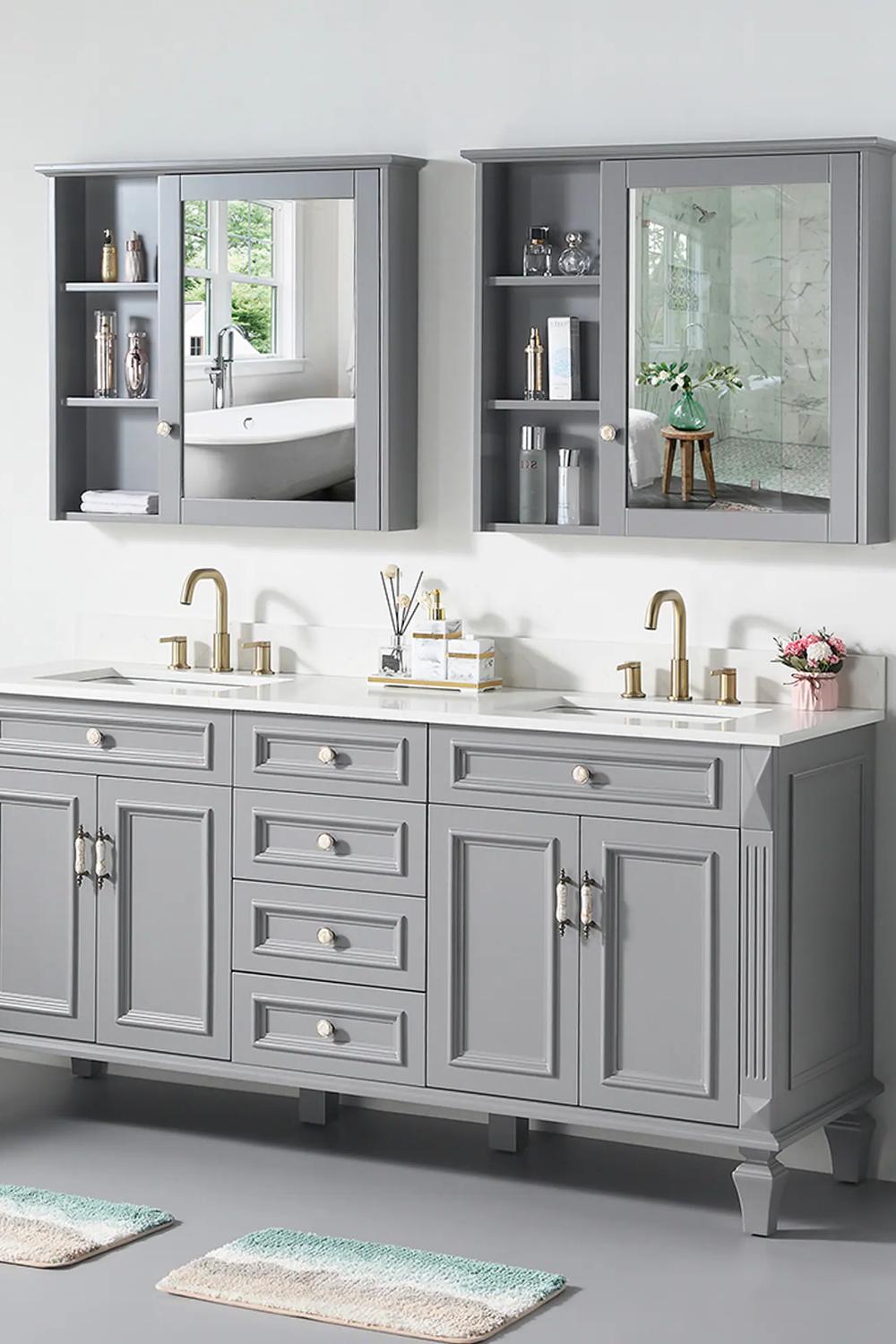 Mueble de baño gris elegante con un toque de oro