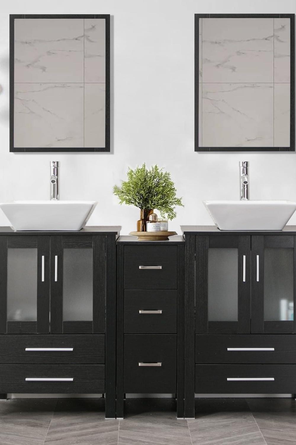 Chic black and white double sink bathroom vanity