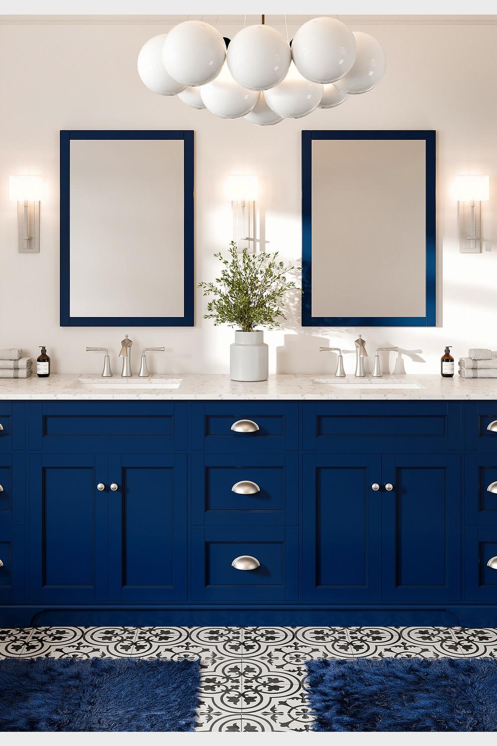 Navy blue double sink bathroom vanity with clean lines