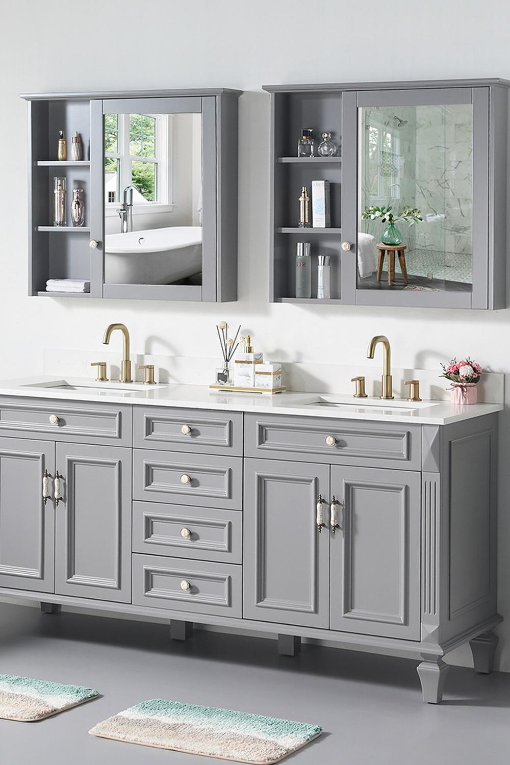 Elegant dual sink vanity with versatile storage