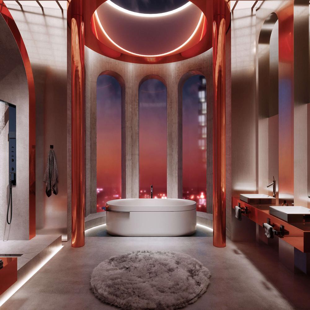 Baño minimalista con vistas al cielo