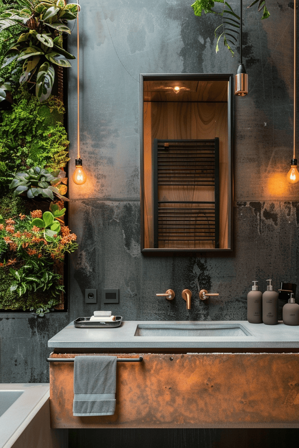 Exuberante Jardín Vertical en el Baño con plantas y decoración natural