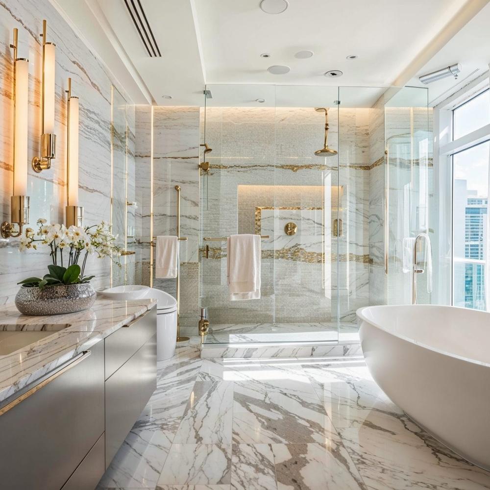 Baño elegante con suelos y paredes de mármol con herrajes dorados.
