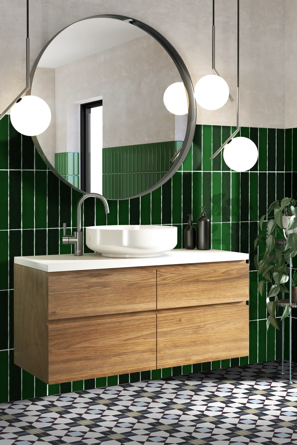 A modern bathroom featuring chic emerald green departure from traditional designs