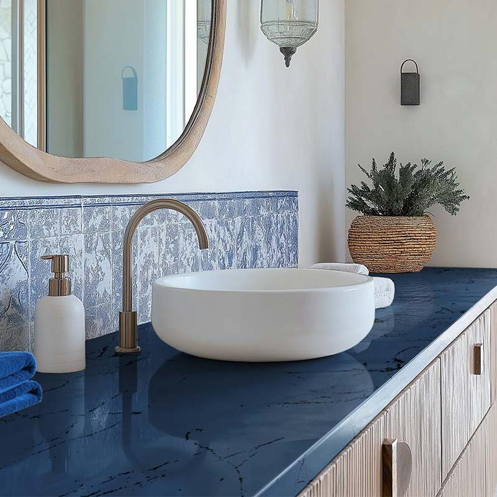 Encimera de baño de epoxi azul profundo con lavabo en forma de bol
