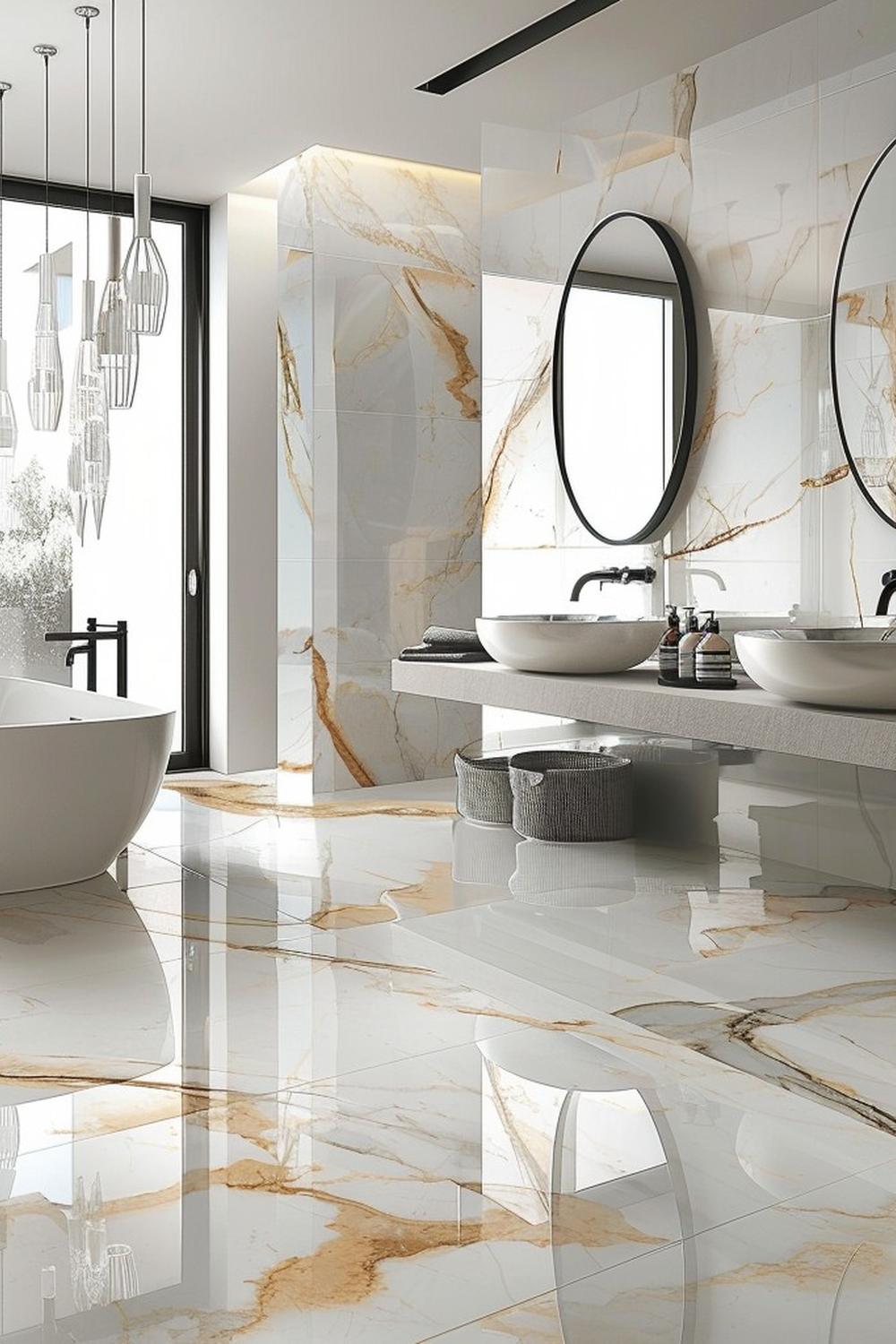 Bathroom design showing high-gloss epoxy floor with a blend of white and beige tones and golden veining.