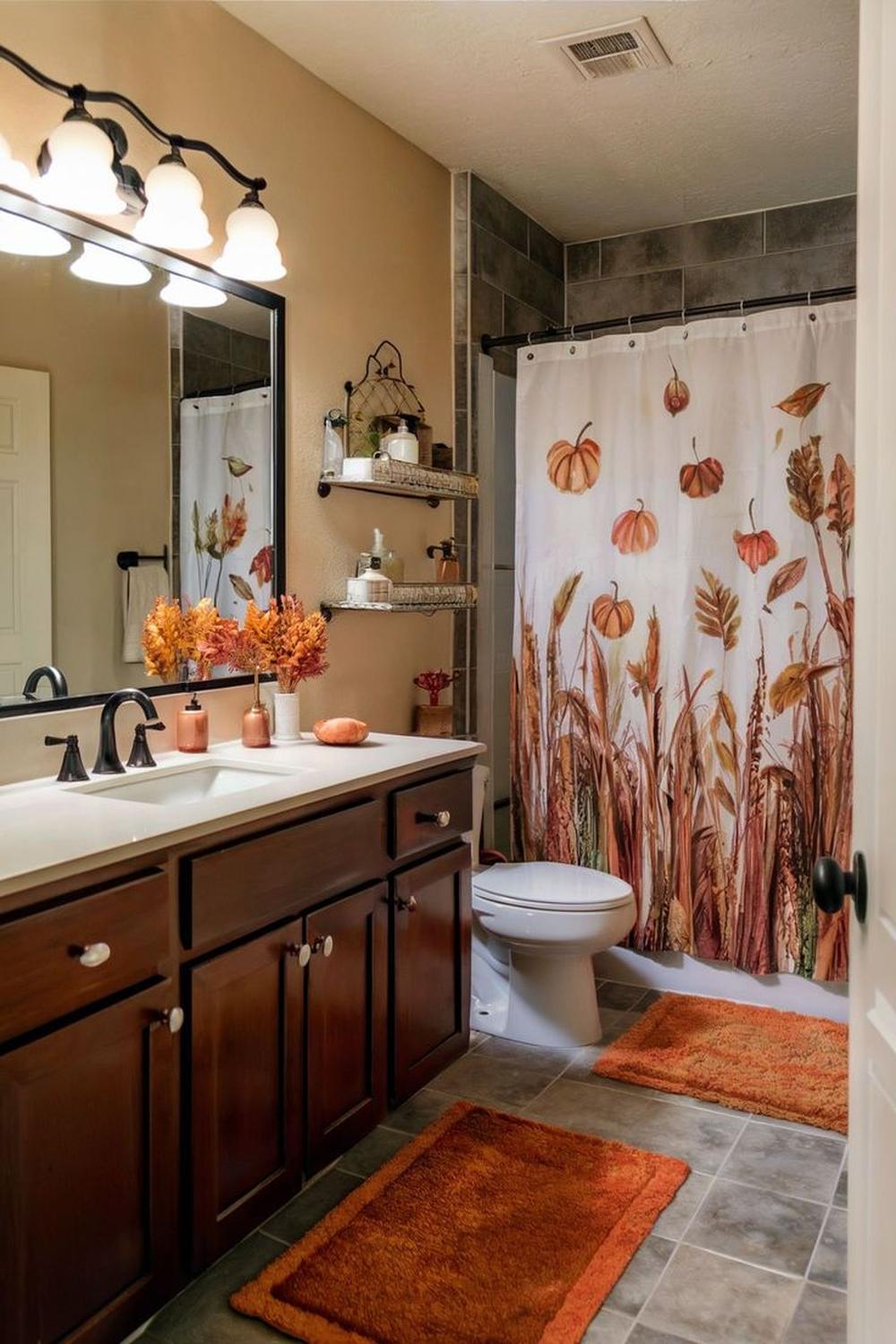 Decoración de baño acogedor y bien decorado para otoño con tonos cálidos