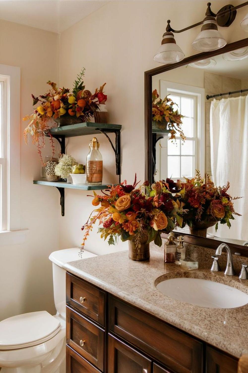 Baño con mueble de baño de madera oscura y decoración otoñal