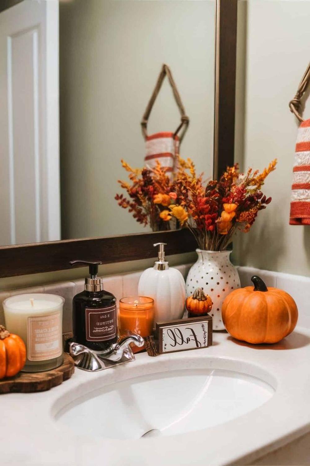 Baño otoñal decorado con encanto y funcionalidad