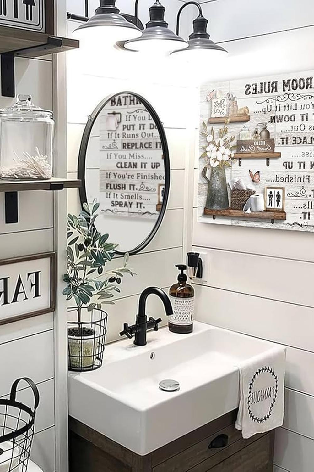 Modern farmhouse bathroom design with a rustic aesthetic and clever decor.