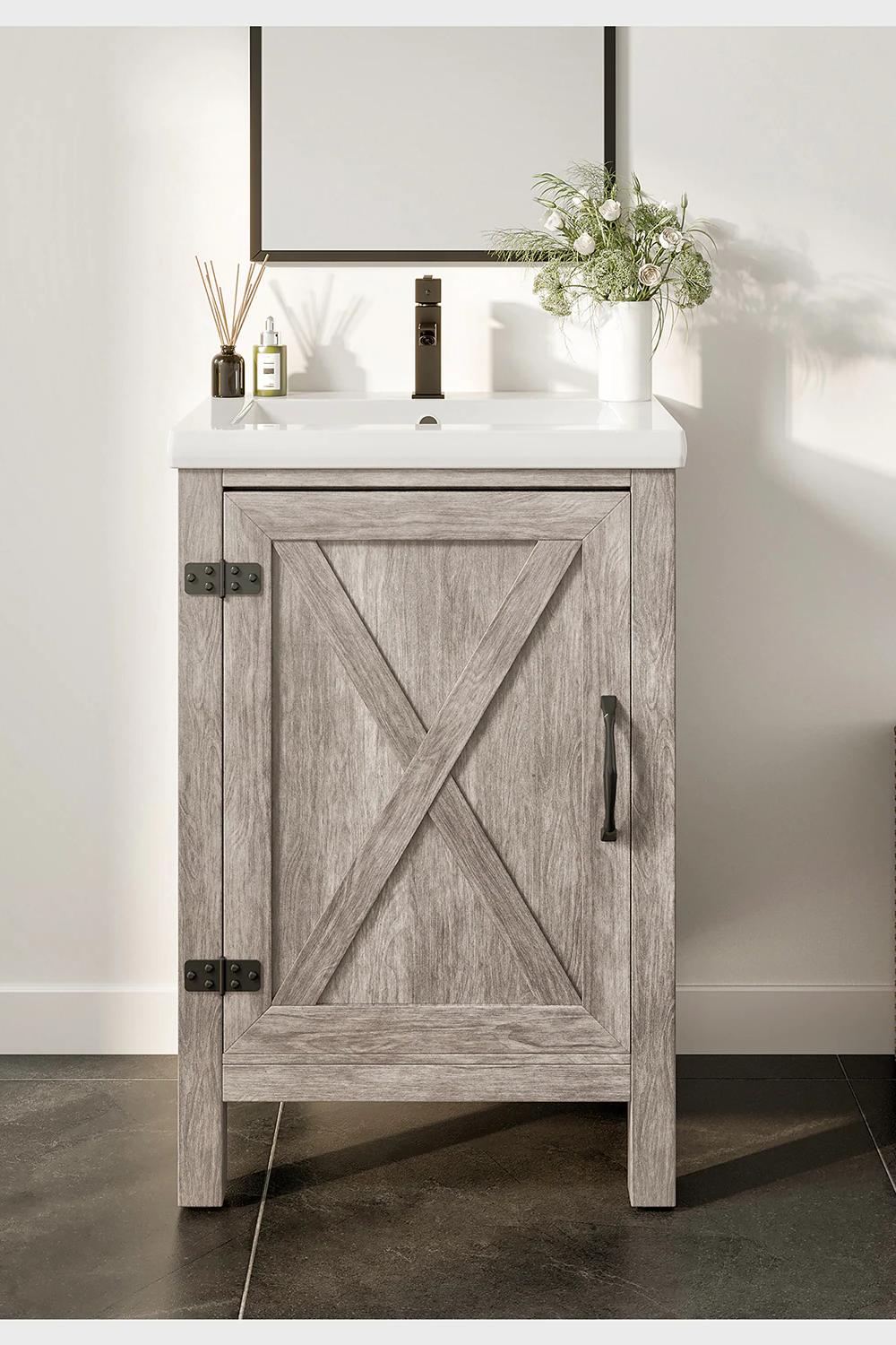 Vintage-inspired blue farmhouse bathroom vanity with open shelves