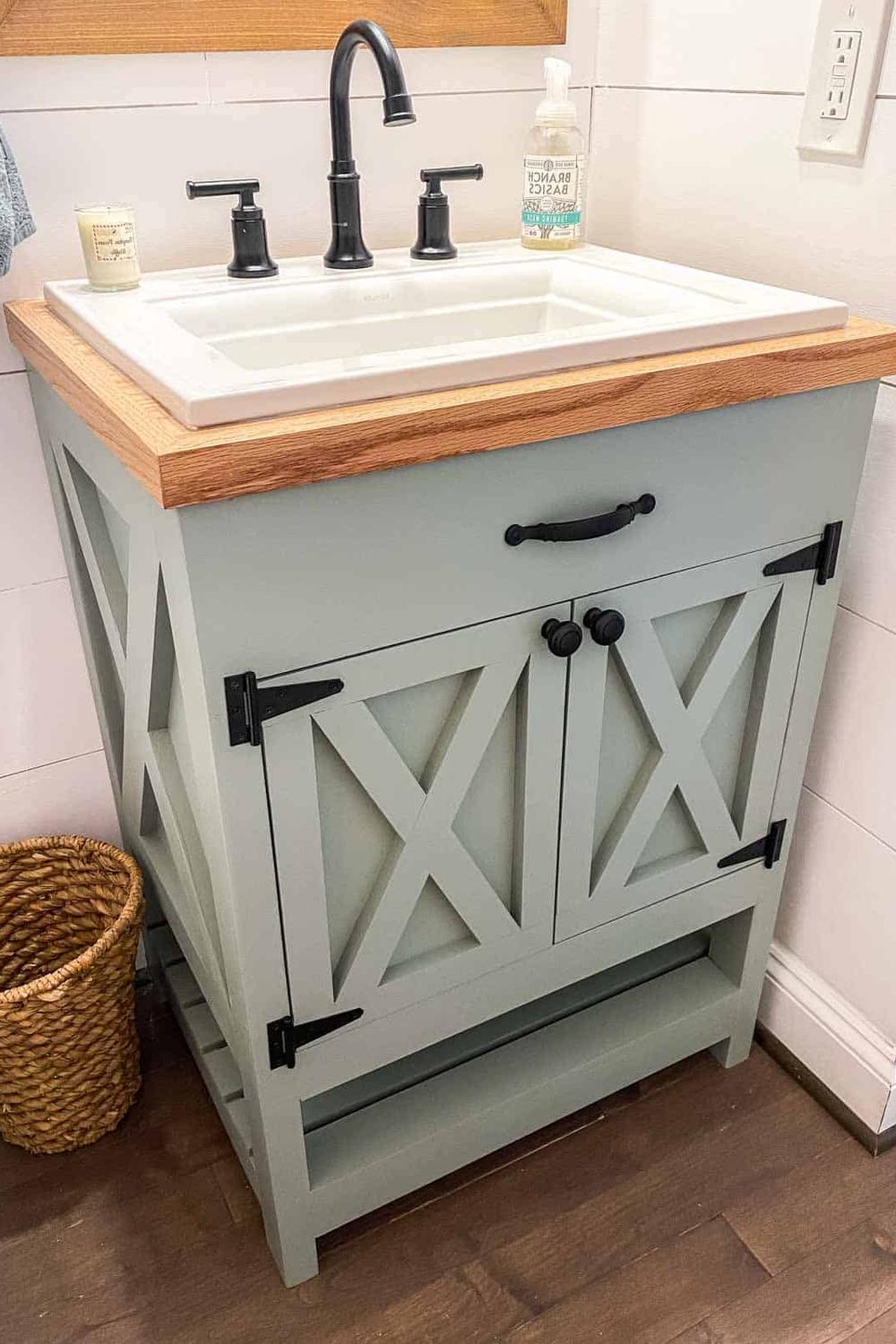 Practical and polished gray farmhouse bathroom vanity