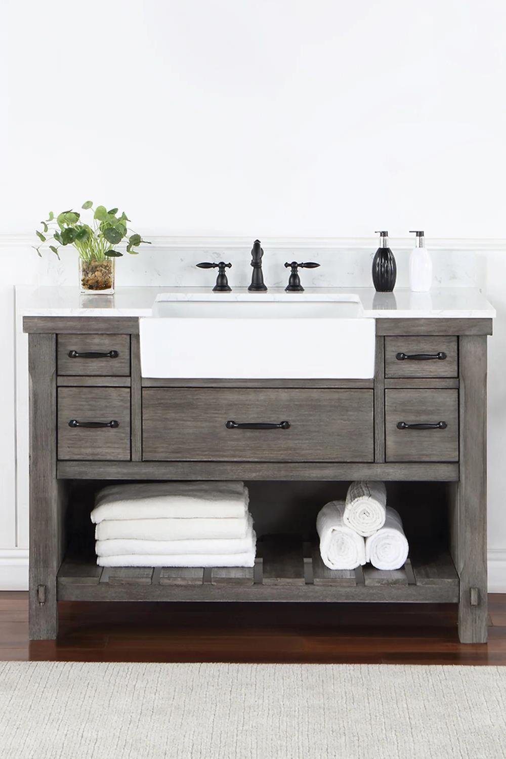 Warm and welcoming nature-inspired farmhouse bathroom vanity