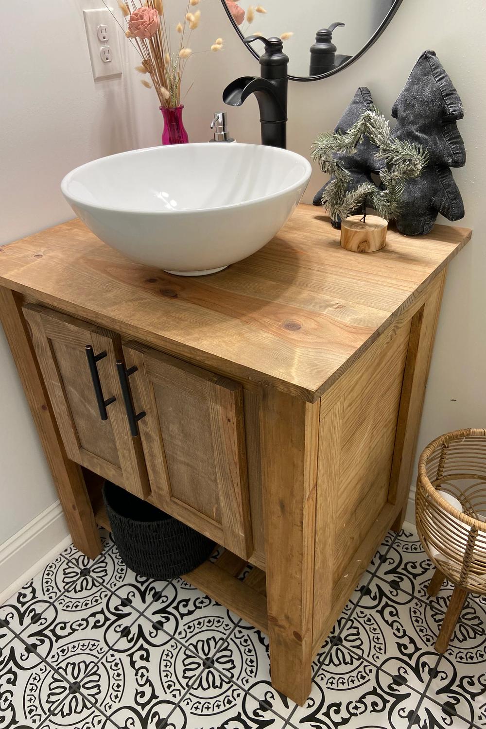 Charming round vessel sink with slatted wall farmhouse bathroom vanity