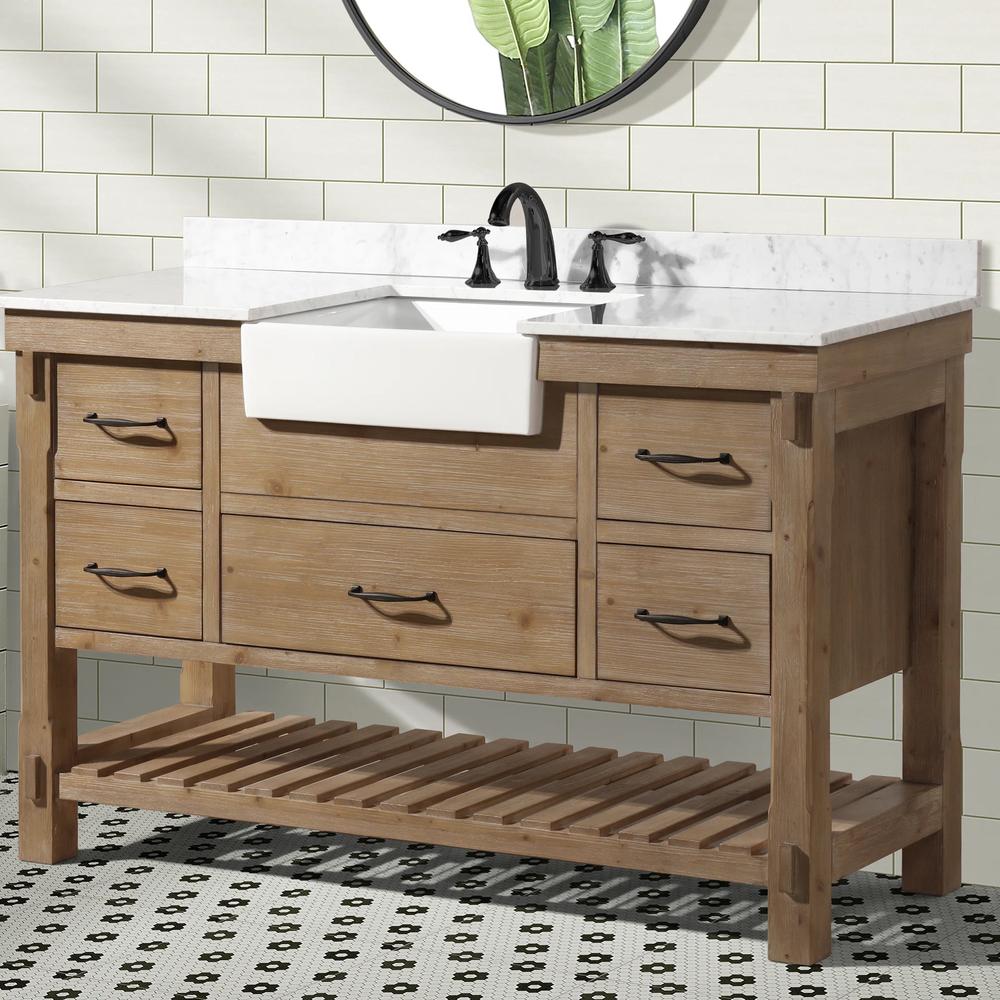 Opulent gray farmhouse bathroom vanity with practical shelving