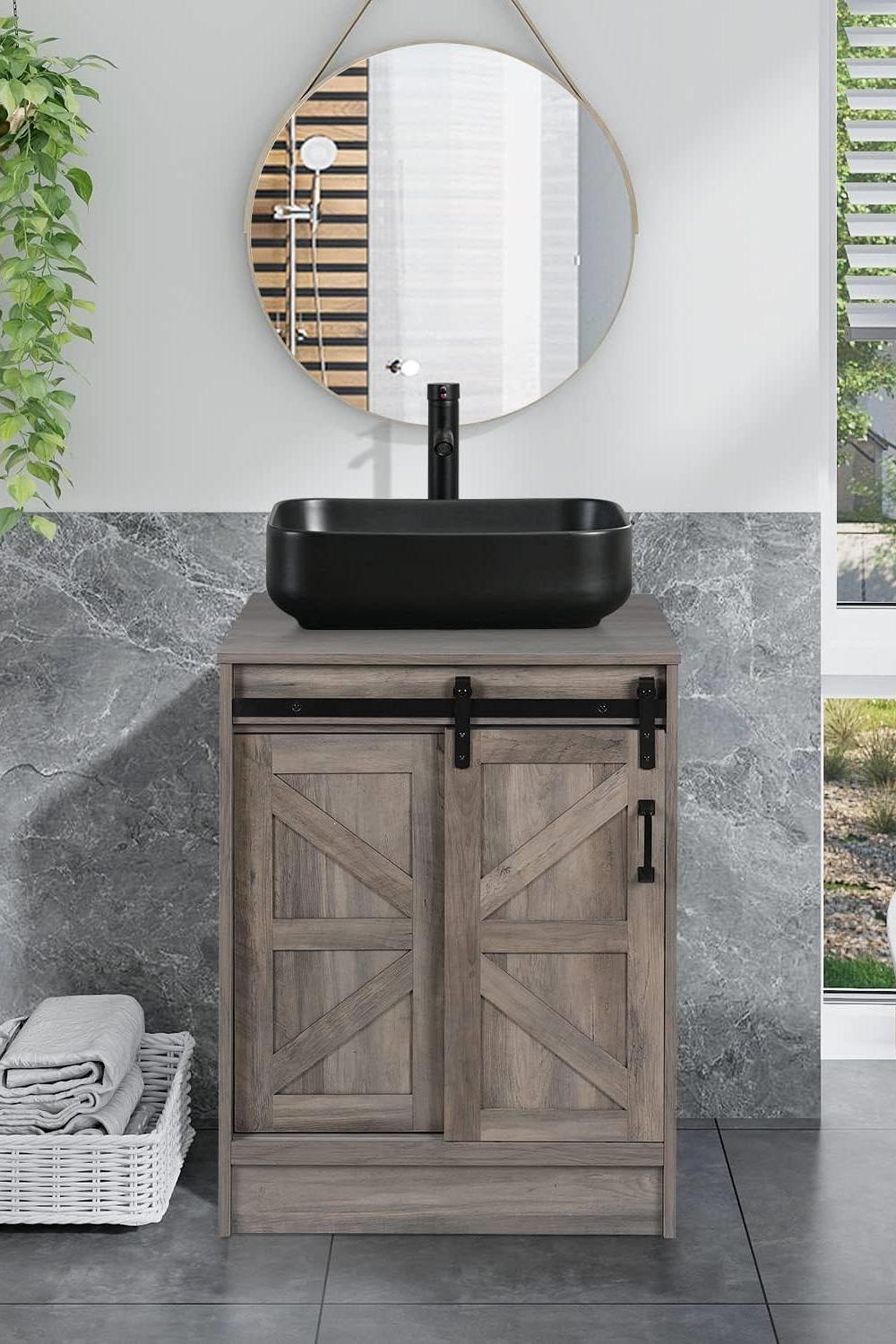 Cozy modern white farmhouse bathroom vanity with woven accents