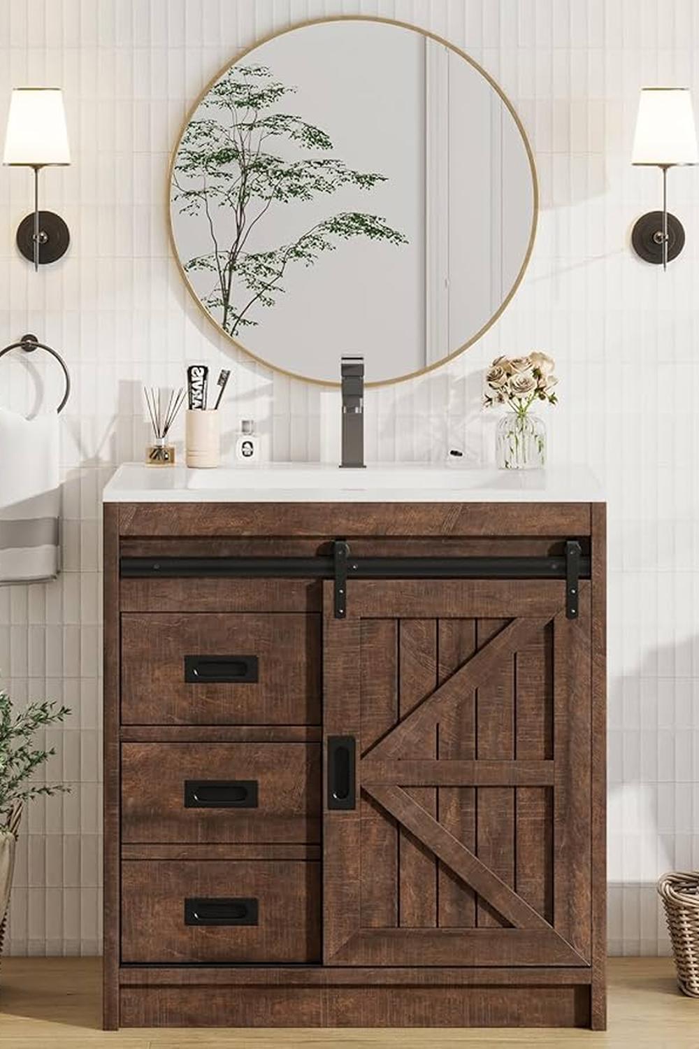 Versatile white farmhouse bathroom vanity with vintage accents